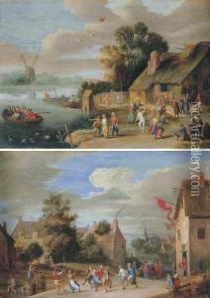 A River Landscape With Peasants 
Merrymaking Beside A Cottage; And Avillage Landscape With Peasants 
Merrymaking Outside An Inn Oil Painting - Jan Pieter Van Bredael I