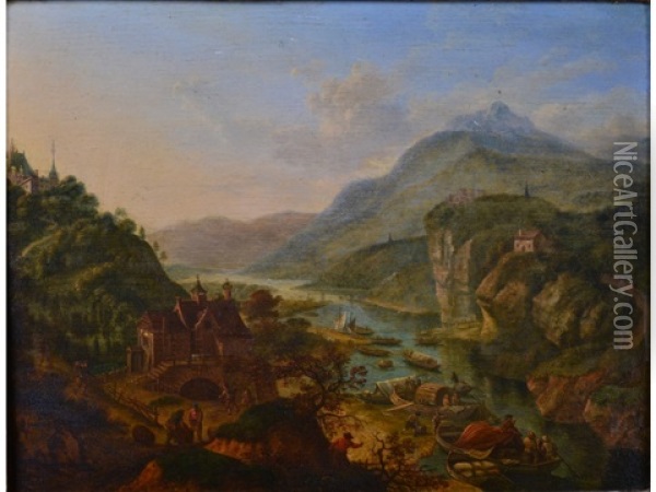 Figures And Boats On A River In A Mountainous Landscape Oil Painting - Jan Griffier the Elder