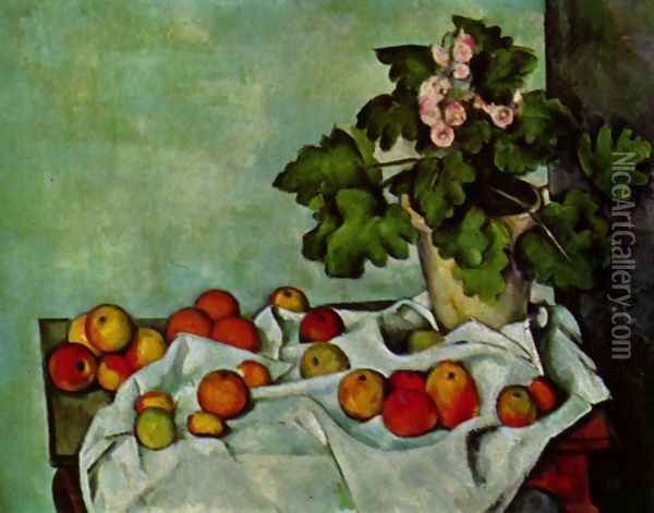 Still life, geranium stick with fruits Oil Painting - Paul Cezanne