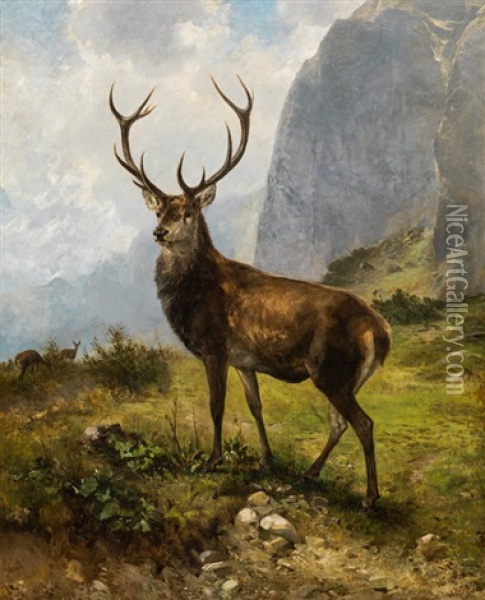 Deer In A Mountainscape Oil Painting - Ludwig Gustav Voltz