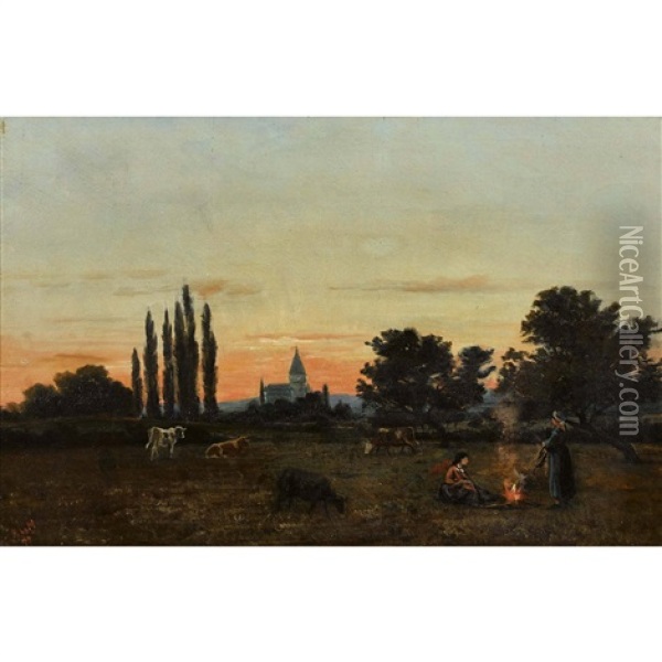 Landschaft Im Abendrot Mit Bauerinnen Am Lagerfeuer Oil Painting - Albert De Meuron