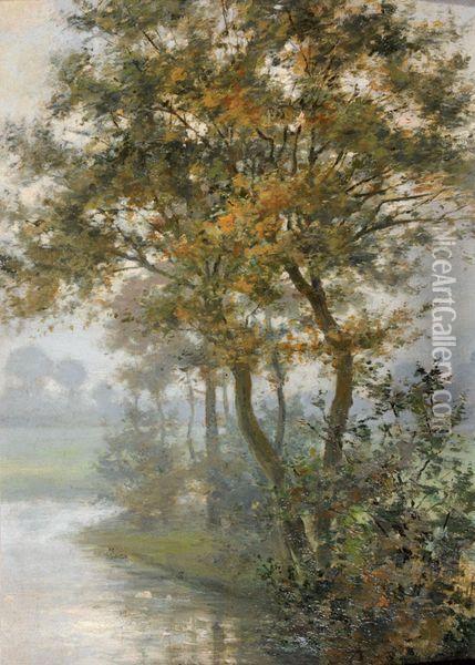 Paysage Et Riviere Bordee D'arbres, Matin Oil Painting - Charles-Francois Daubigny
