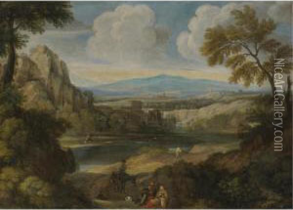 Extensive Italianate Landscape With Peasants In The Foreground Oil Painting - Gaspard Dughet Poussin