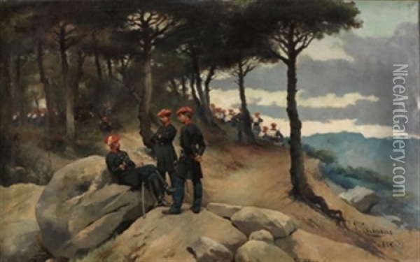 Soldados Carlistas En Un Paisaje Oil Painting - Josep (Jose) Cusachs y Cusachs