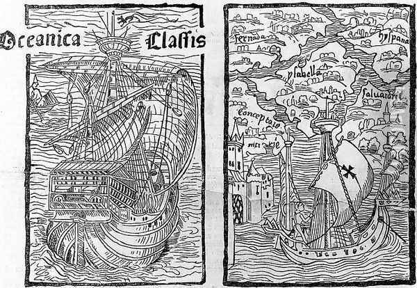 Drawing of the Santa Maria and a map describing the islands of Salvador, Espanola, Fernanda, Isabel and Conception, 1493 Oil Painting - Columbus, Christopher