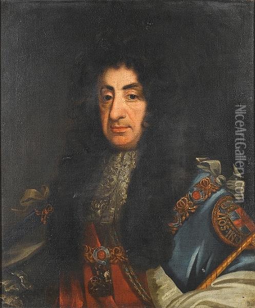 Portrait Of Charles Ii, Bust-length, Wearing The Chain Of The Order Of The Garter Oil Painting - Sir Godfrey Kneller