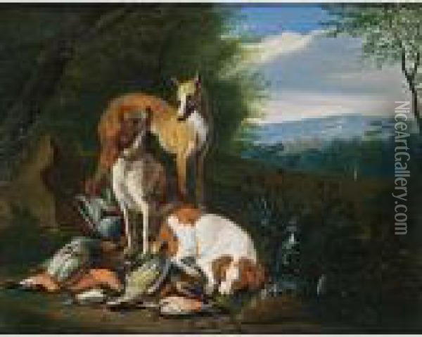 A Hunting Still Life With 
Partridges, A Woodpecker And Other Birds, Together With Dogs, In A 
Wooded Landscape Oil Painting - Adriaen de Gryef