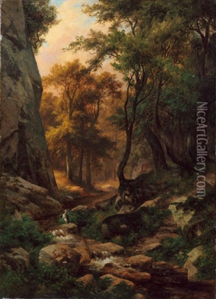 Bewaldete Landschaft Mit Einem Reiher Am Bach Oil Painting - Johann Wilhelm Schirmer
