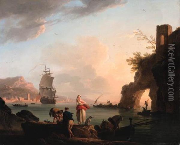 La Peche Heureuse: A 
Mediterranean Coast At Sunset With Fisherfolk Unloading A Catch Near A 
Natural Arch, A Frigate Offshore, And A City Beyond Oil Painting - Claude-joseph Vernet