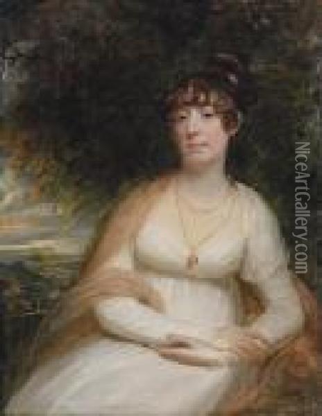 Portrait Of Josephine Sophia 
Newton, Lady Cooper, Three-quarter-length, Seated, In A White Gown, With
 A Shawl And Pendant Brooch, A Landscape Beyond Oil Painting - Sir William Beechey