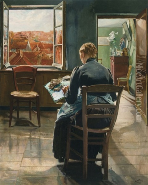 The Flemish Lacemaker - La Dentelliere Flamande (1907) Oil Painting - Leon Frederic