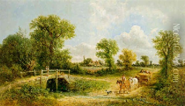 A Horse-drawn Wagon Fording A Stream Oil Painting - James E. Meadows