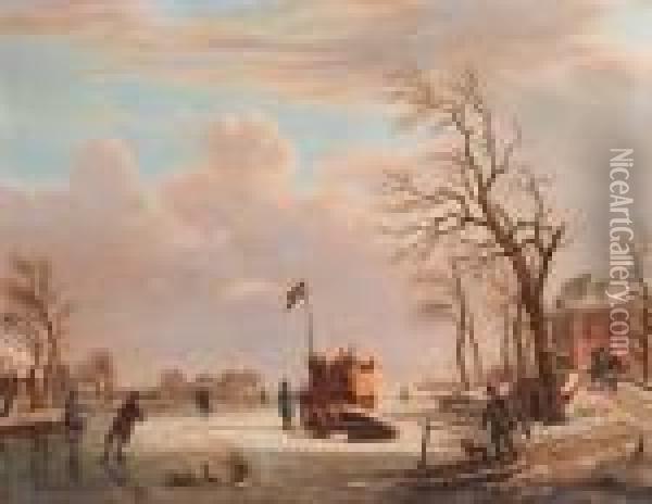 Skaters And Other Townsfolk On A Frozen River By A Countrymansion Oil Painting - Andries Vermeulen