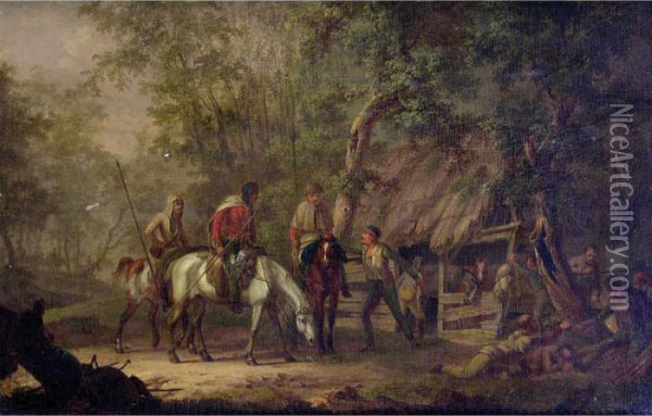 Hunting Party At A Stable Oil Painting - Gerrit Mallein Malleyn