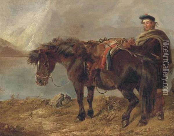 A Gillie With A Pony By A Loch Oil Painting - Richard Ansdell