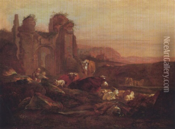 Hirtin Mit Ruhender Herde In Ruinenlandschaft Bei Dammerung Oil Painting - Johann Heinrich Roos