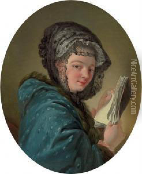 A Young Woman Holding A Book Oil Painting - Jean-baptiste Deshays
