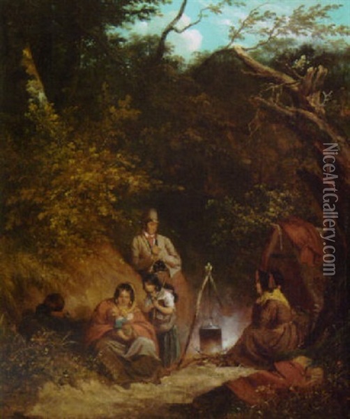 A Gypsy Encampment In A Wooded Glen Oil Painting - Thomas Barker