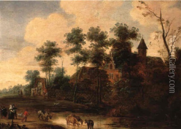 Elegant Company Near Gate Of Country Mansion Oil Painting - Pieter Meulener