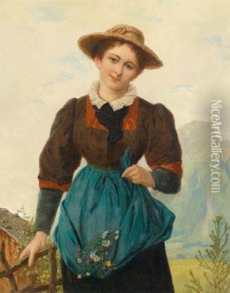 Junge Frau Mit Blumen Vor Gebirgshintergrund Oil Painting - Josef Bche