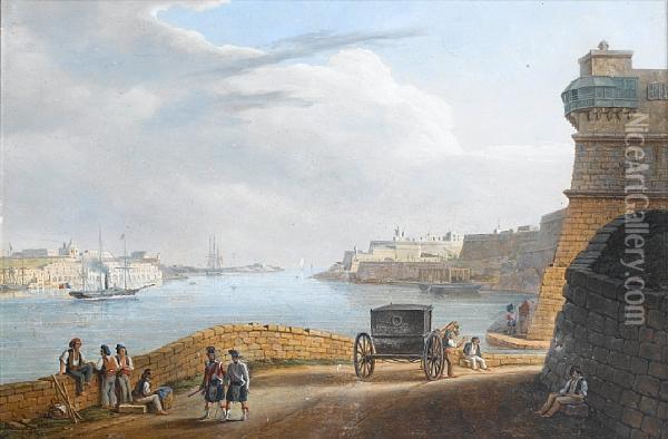 Grand Harbour From Below Corradino Oil Painting - Johann Schranz
