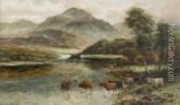 River And Cattle Scene Oil Painting - William Langley
