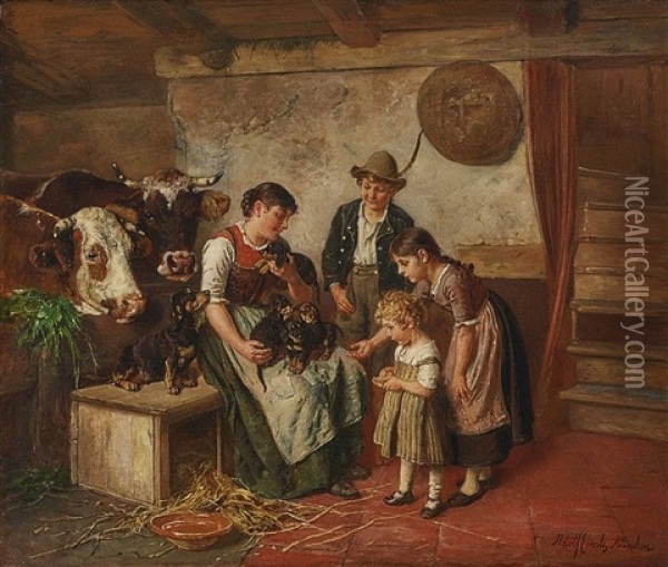 Besuch Bei Der Dackelfamilie Oil Painting - Adolf Eberle