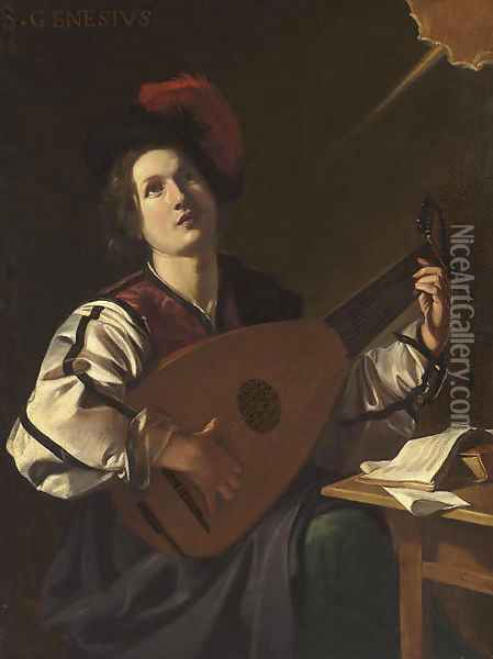 A musician, identified as Saint Genesius, playing a lute Oil Painting - Nicolas Tournier