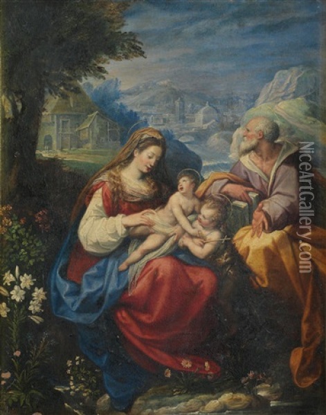 The Holy Family With The Infant Saint John The Baptist In A Carved 19th Century Florentine Frame Oil Painting - Jacopo Zucchi