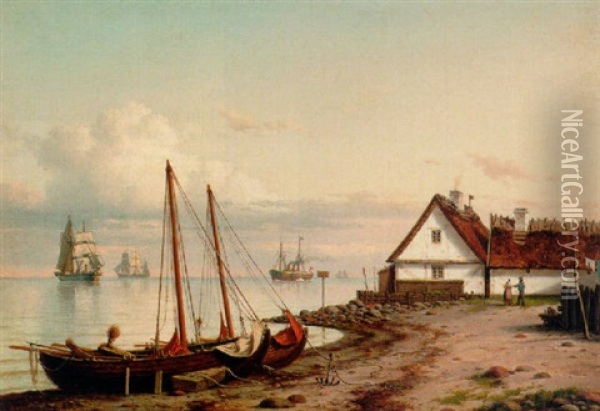 Shipping In An Estuary Oil Painting - Carl Emil Baagoe