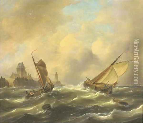 Sailing in a stiff breeze by a coast Oil Painting - Govert Van Emmerik