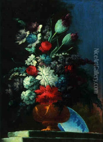 Carnations, Peonies, Tulips And Other Flowers In An Urn On A Ledge With A Blue And White Bowl Oil Painting - Gasparo Lopez