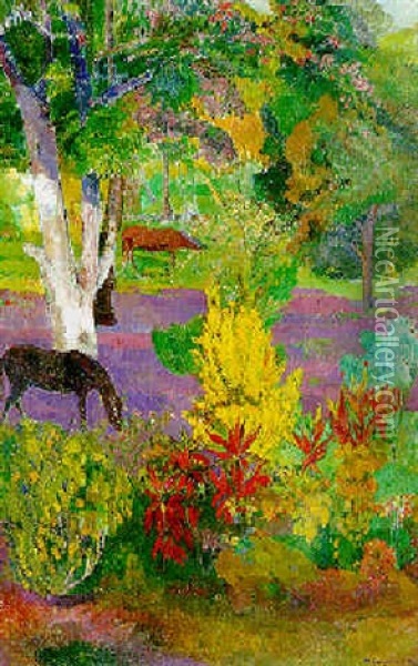 Paysage Aux Chevaux Oil Painting - Paul Gauguin