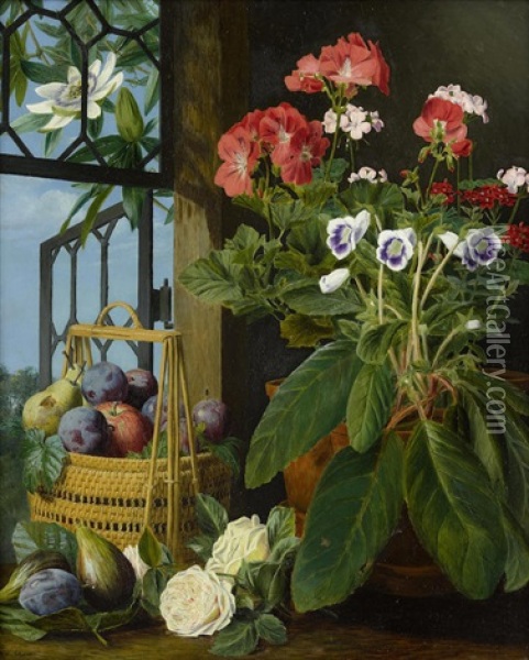 A Still Life With Potted Flowers And Fruit Oil Painting - Marian Chase