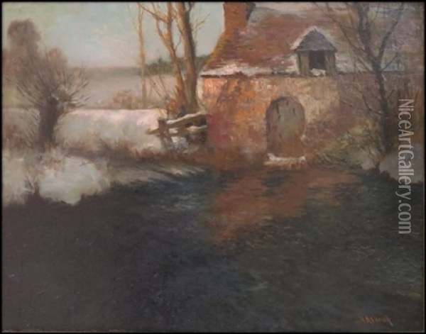 Waterside Cottage In Winter Oil Painting - George Ames Aldrich