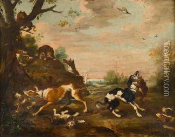 Dogs And Cats Fighting In A Landscape Oil Painting - Paul de Vos