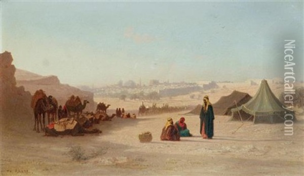 View Of Jerusalem From The North, Facing Damascus Gate Oil Painting - Charles Theodore (Frere Bey) Frere