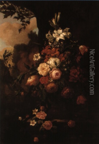 Roses And Other Flowers In An Urn On A Ledge By An Outcrop Oil Painting - Franz Xaver Petter