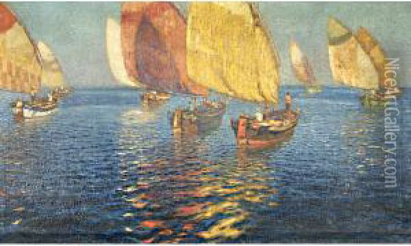 Grande Marina Con Barche Oil Painting - Ugo Flumiani