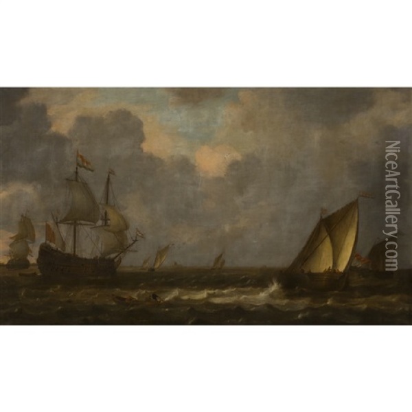 Man Of War, Fishing Barges And Rowing Boat In Rough Seas Oil Painting - Bonaventura Peeters the Elder
