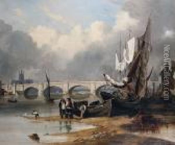 New London Bridge, Billingsgate, Low Water Oil Painting - Edward William Cooke