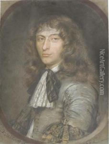 Portrait Of A Young Gentleman, Half-length, In A Grey Costume With Lace Jabot And Black Ribbon, In A Feigned Oval Oil Painting - Bernard Vaillant
