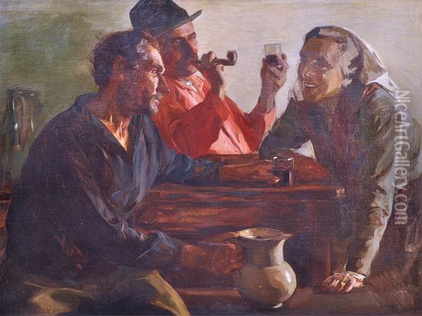 Gathering At The Tavern Oil Painting - Jehudo Epstein