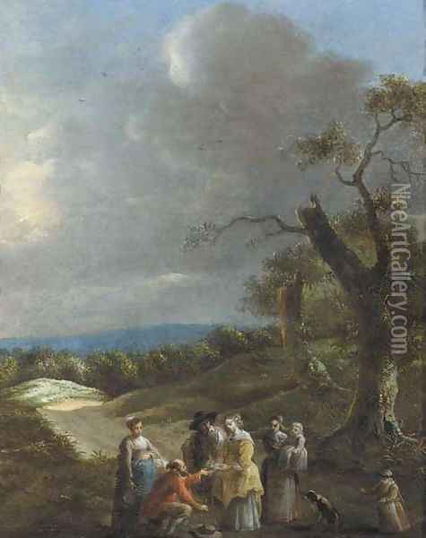 Elegant company on a wooded track Oil Painting - School Of Haarlem