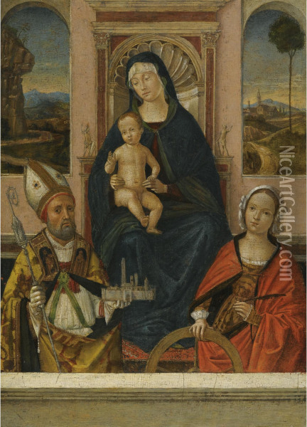 The Madonna And Child Enthroned With Saints Petronius And Catherine Of Alexandria Oil Painting - Bernardino di Bosio (see ZAGANELLI)