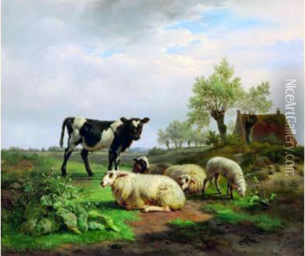 Moutons Et Vache Oil Painting - Frans Lebret