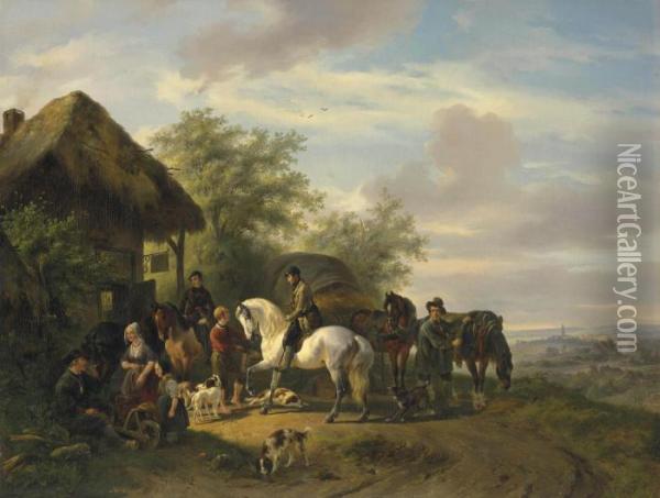 A Halt: Huntsmen On Horseback With Their Servants At An Inn Oil Painting - Wouterus Verschuur