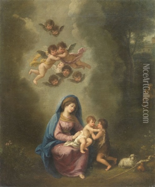 Madonna Col Bambino, San Giovannino, Cherubini E Santo Oil Painting - Francesco Zuccarelli