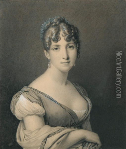 Portrait De La Reine Hortense [ ; Portrait Of Queen Hortense ; Signed Lower Right ; Black Pen, Heightened With White Chalk] Oil Painting - Jean Nicolas Laugier