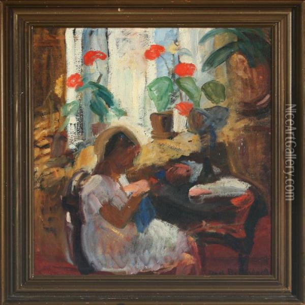 Interior With A Sewing Girl Oil Painting - Axel Bredsdorff